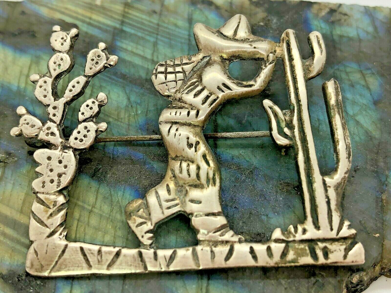 Mexico Vintage 800 Silver Person Walking with Cactus Brooch Pin 9 Grams