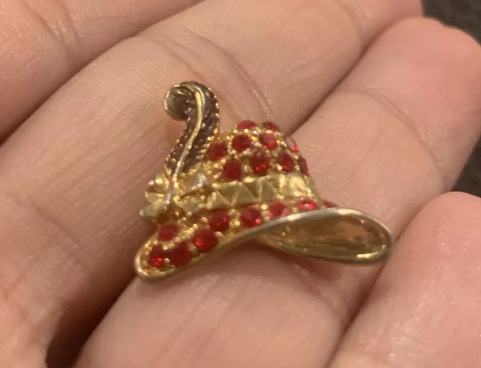 Red Hat Society Vintage Brooch Rhinestones Enamel 80s Gold Tone Feather Pin Back