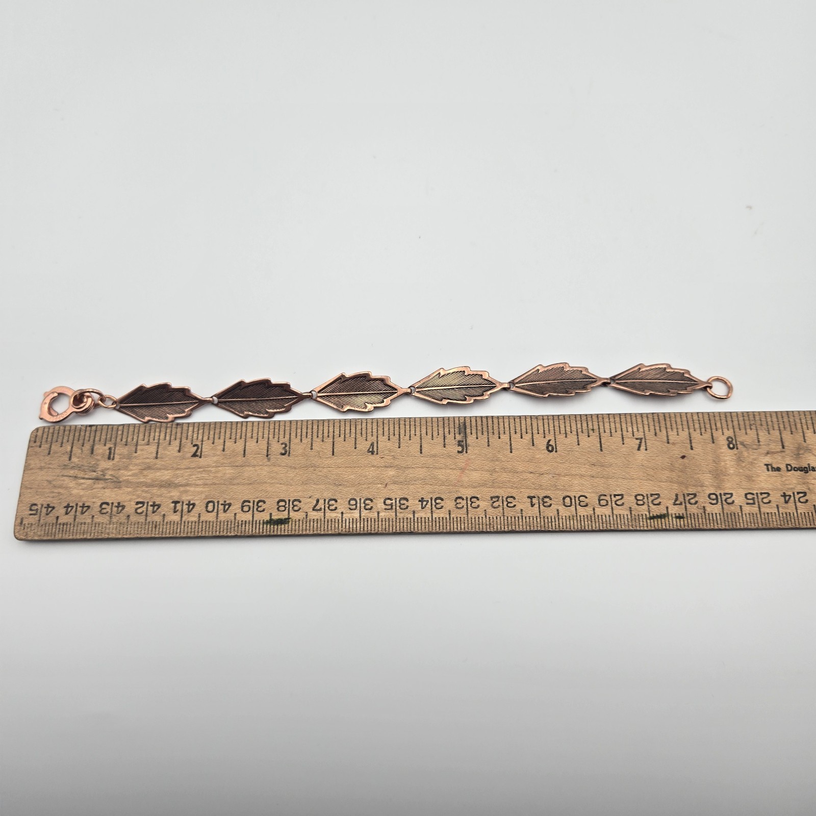 Vintage Copper Bracelet Etched Leaf Link Sister Hook Mid Century Modern MCM 8”