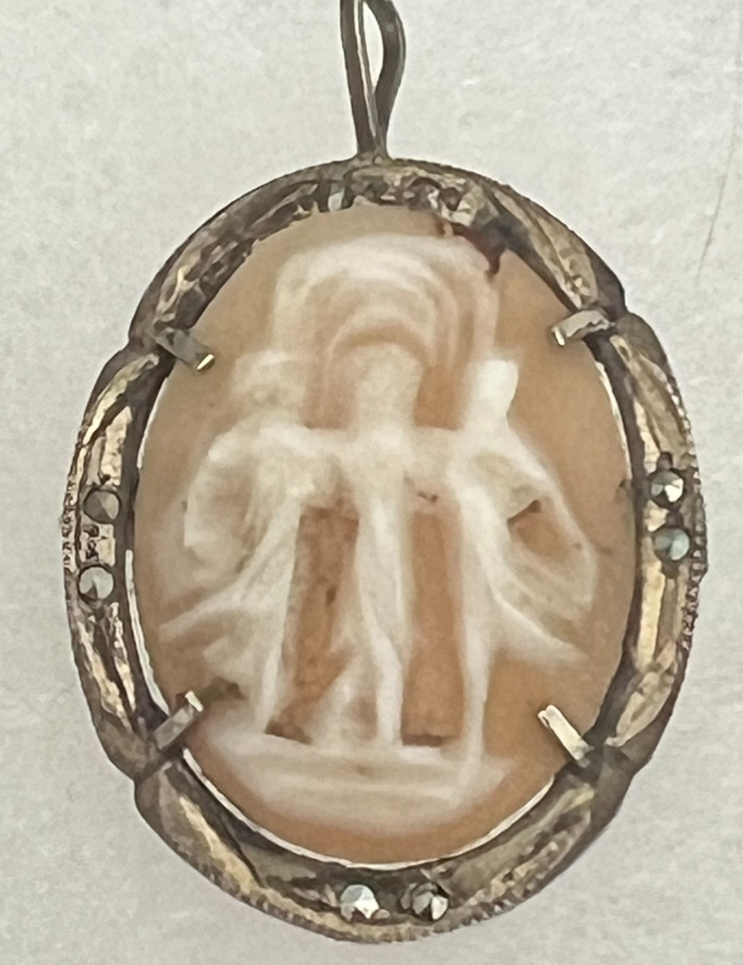 Antique 800 Silver Shell Cameo Three Graces Marcasite Brooch Pendant c1930
