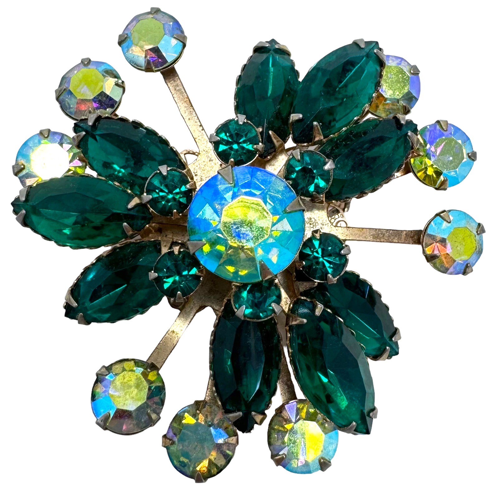 Vtg Gold Tone Light Dark Green Rhinestone Brooch Rivet Filigree Back Satellite