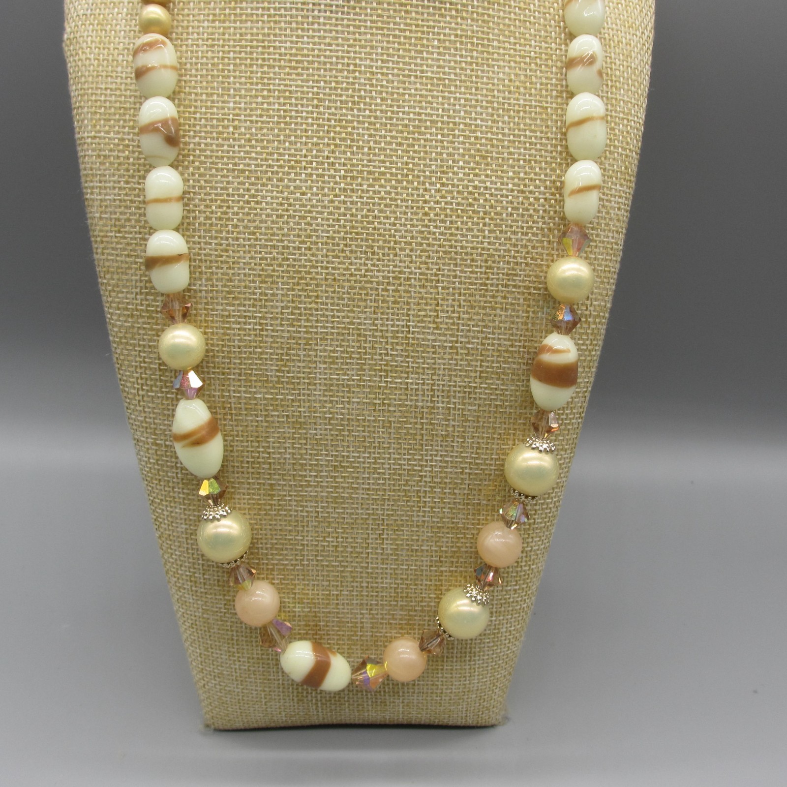 Vintage Glass Beaded Necklace Cream Peach White Brown 24 Inch
