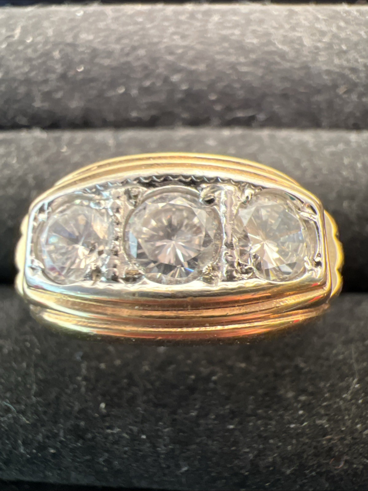 Vintage Uncas 14K Gold Plated 3 Stone Ring Size 8 Gorgeous Art Deco Style