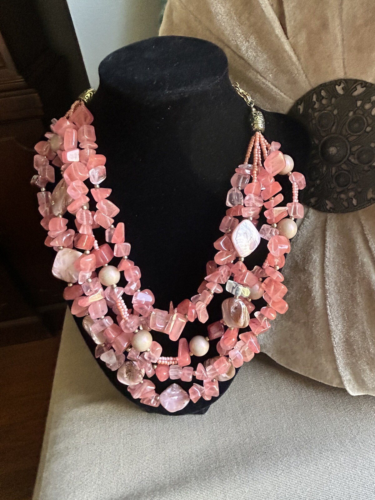 Erica Lyons MultiStrand Pink Mother of Pearl with Red Quartz, Stunning Necklace!
