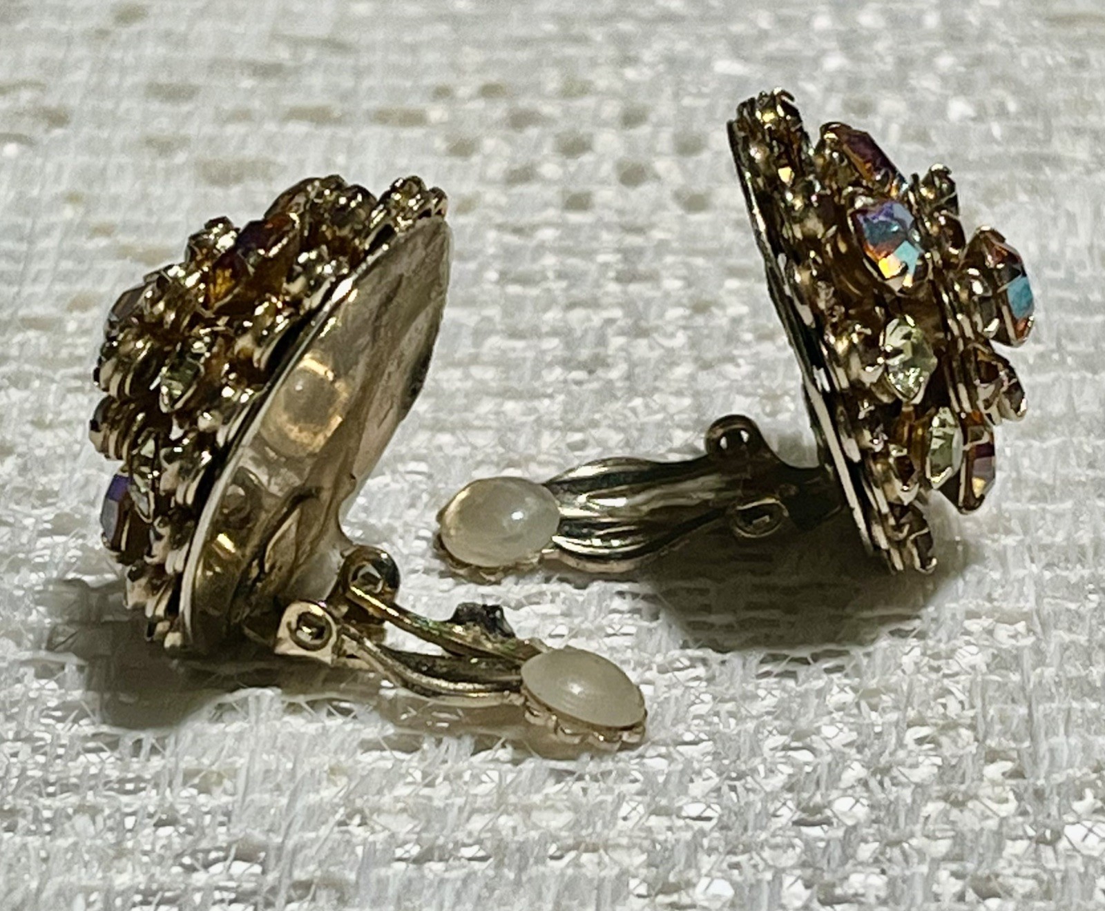 Vintage Clip Earrings Signed Pat Pend Dome Cluster Prong Set Topaz AB Rhinestone