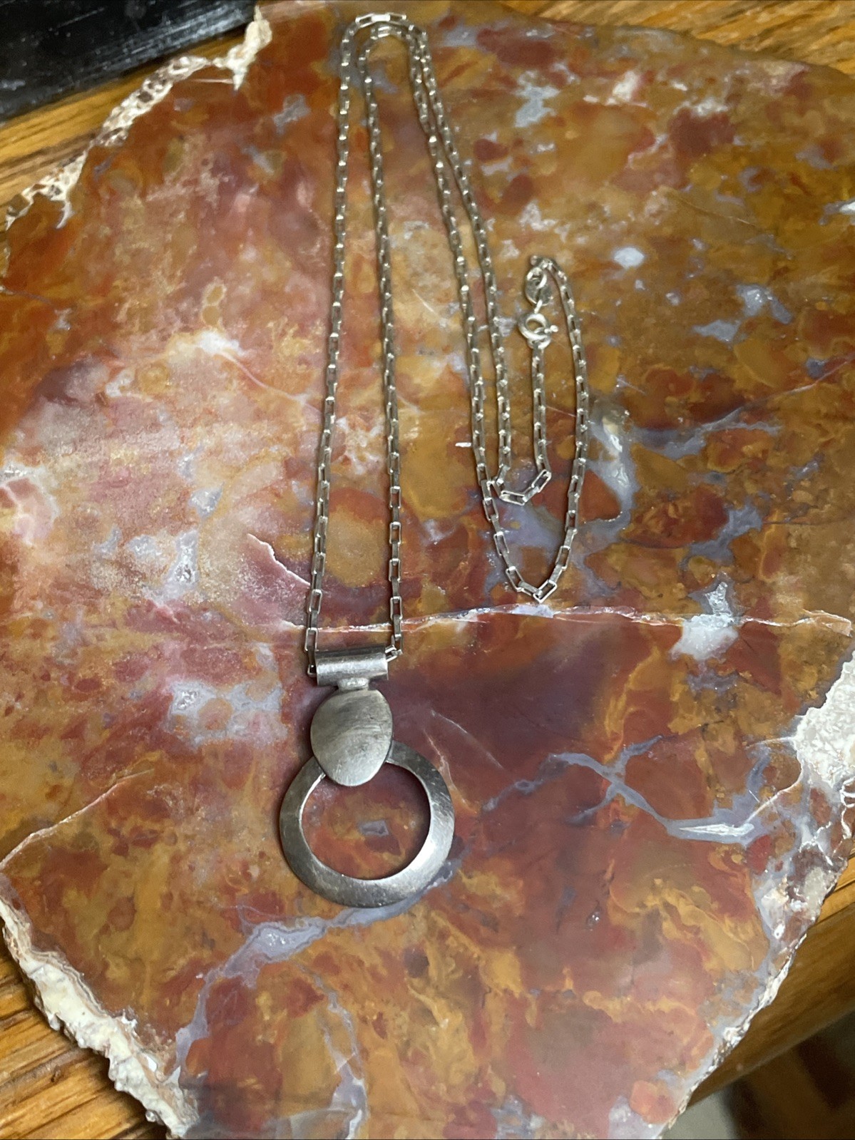 Vintage Sterling Silver Modernist Pendant Necklace 21”