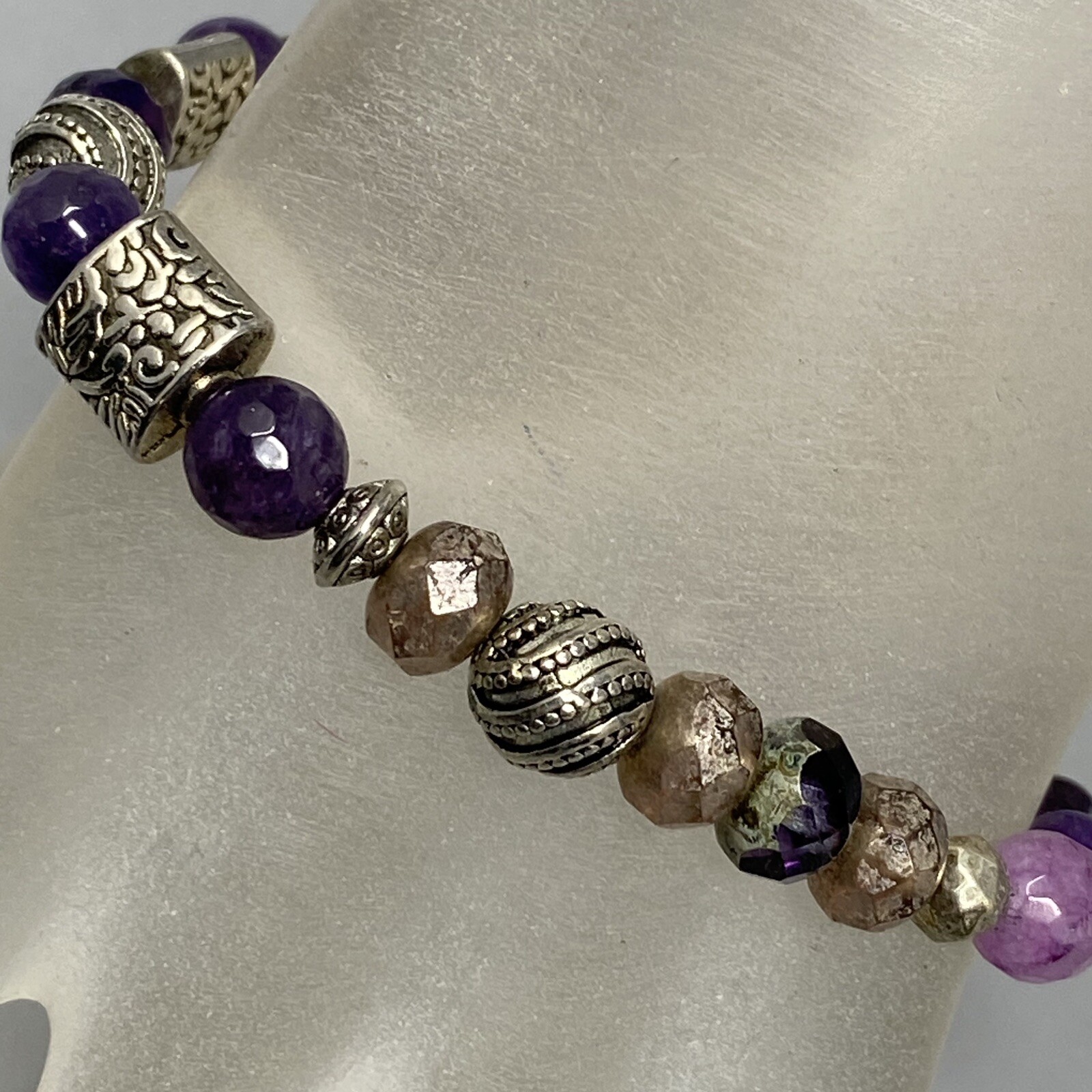 Amethyst Bracelet Purple Faceted Beads Picasso Czech Silver Tone Spacers Stretch