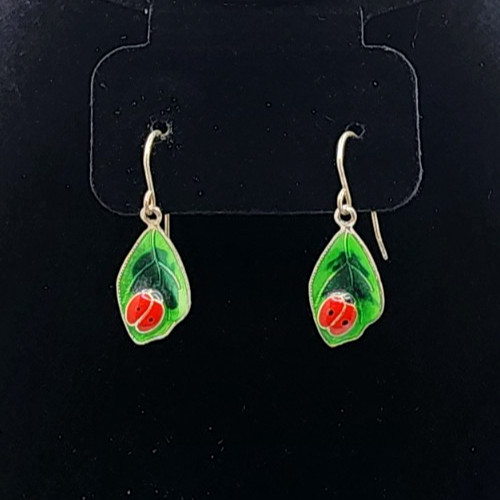 Vintage Avon Green Guilloche Leaf Ladybug Enamel Dangle Hook Wire Earrings