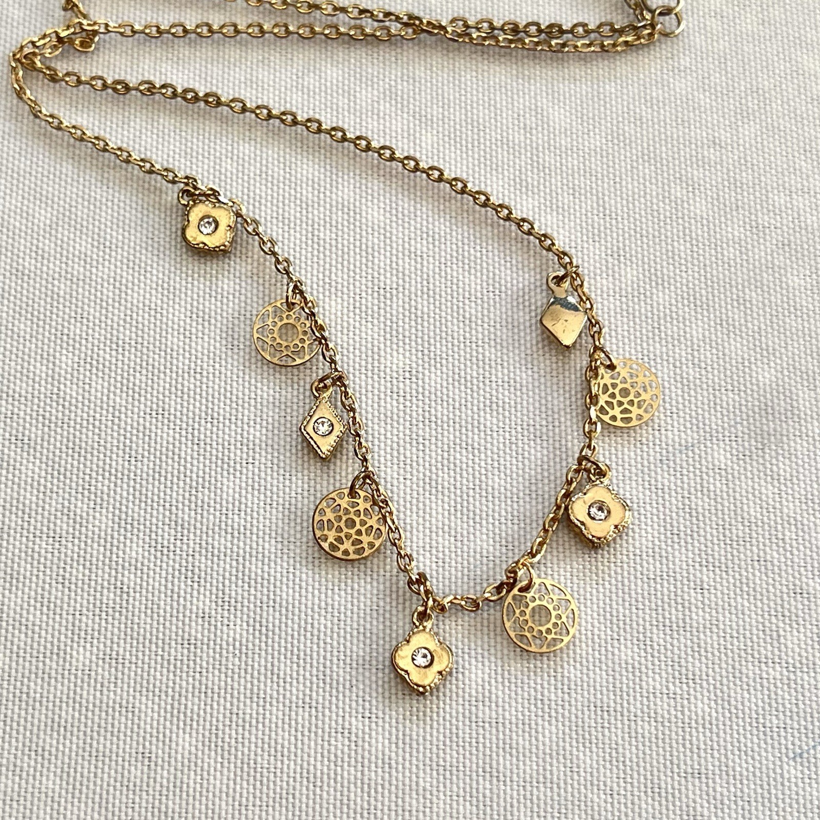 Dainty Gold Tone Rhinestone Charm Station Necklace PLUNDER DESIGNS 18″