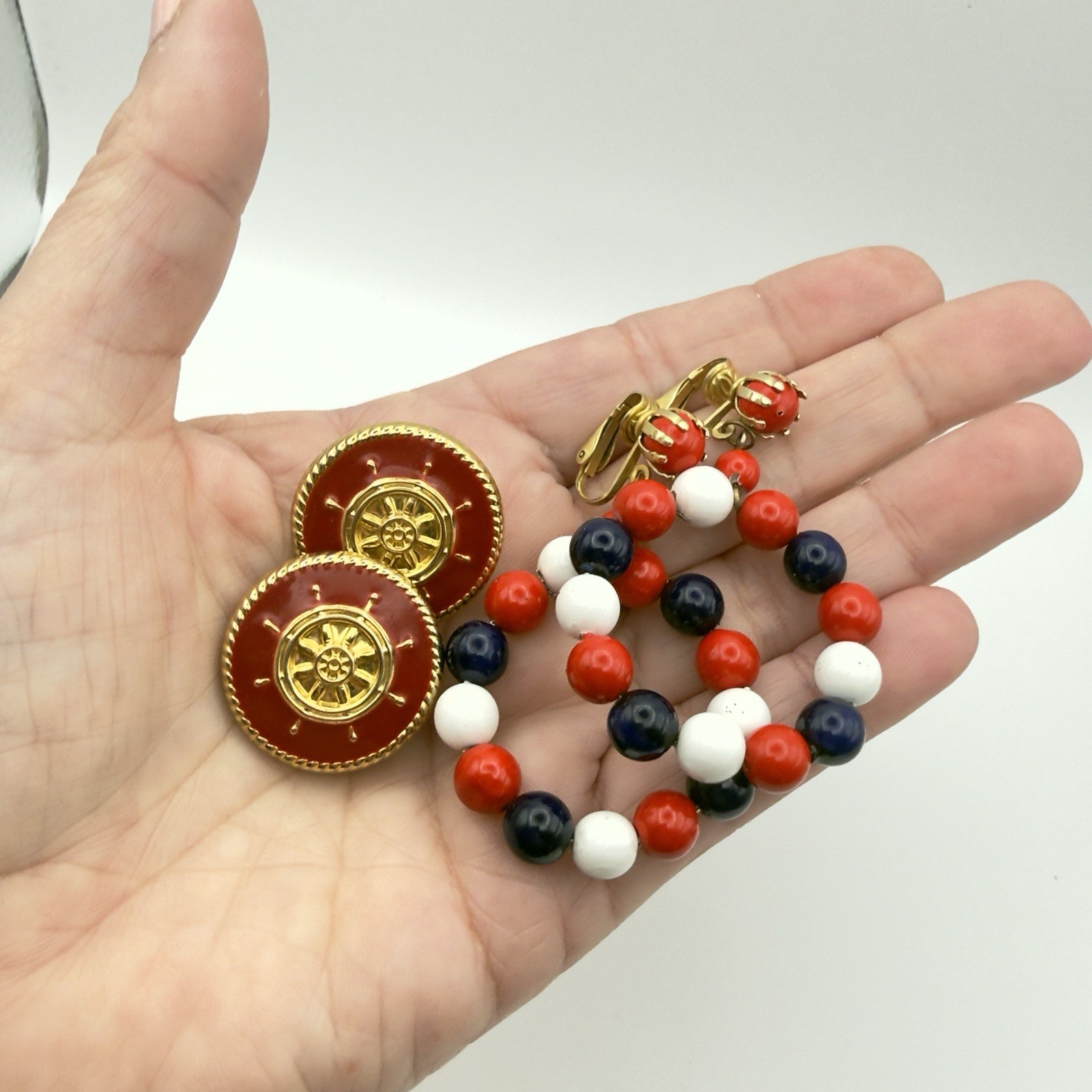 Vintage Clip On earrings Lot Nautical Red White Blue Hoop Button Retro 10pr USA