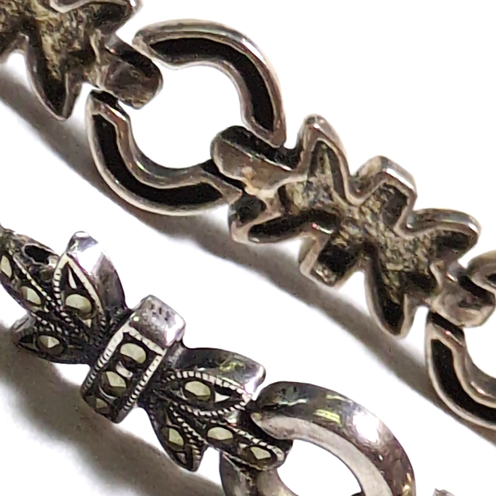 Gothic Art Deco Style Sterling Silver Marcasite Ornate Link Bracelet 8″