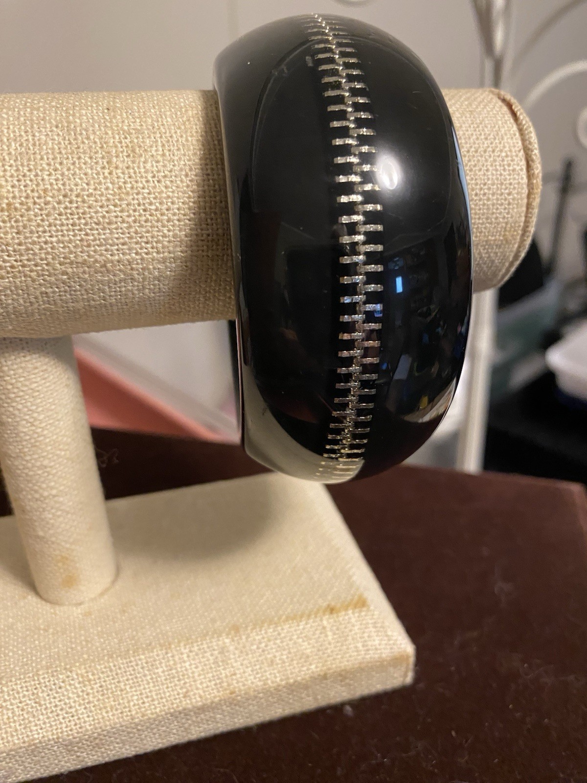 1980s Vintage Zipper Bangle Bracelet Black With Silver Tone Zipper Embedded