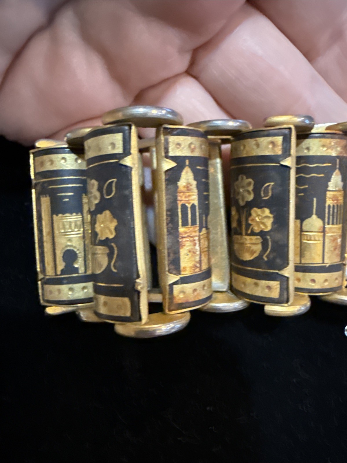 Vintage Spanish Damascene Bracelet Floral And Buildings