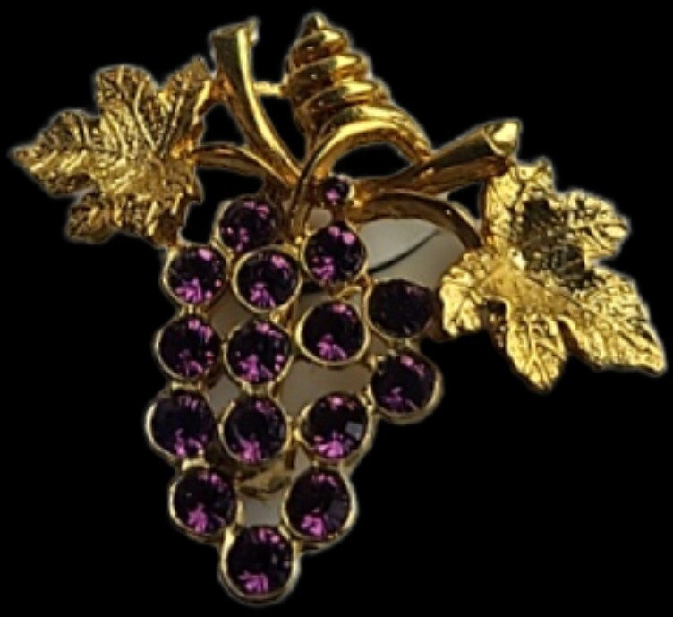 BUNCH OF RHINESTONE GRAPES SIGNED PIN BROOCH GOLD TONE NEW GIFT FREE SHIPPING US
