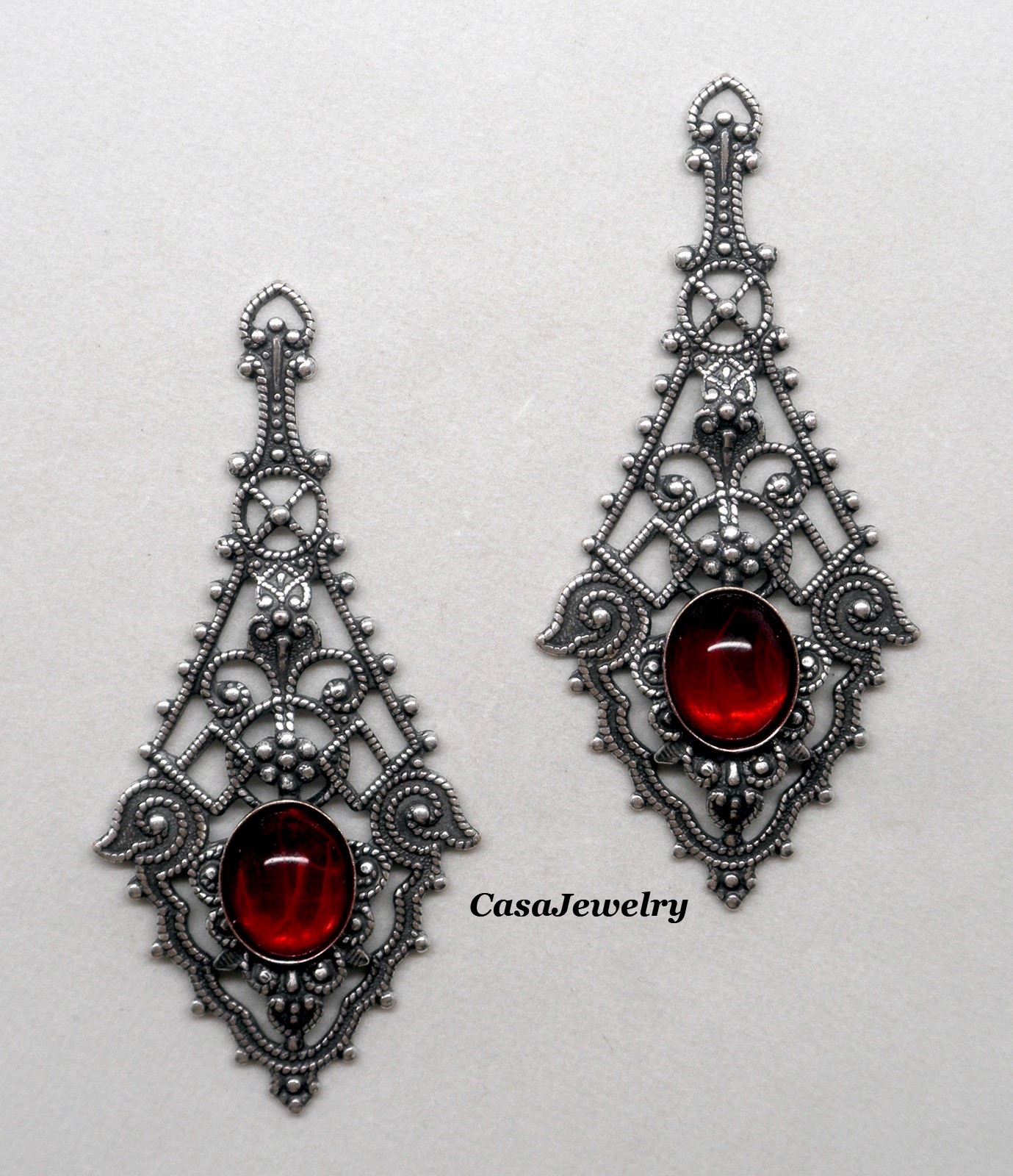 #1750RBY ANTIQUED .925 STERLING SILVER PLATED FILIGREE W/TOP RING & 10X8 CAB