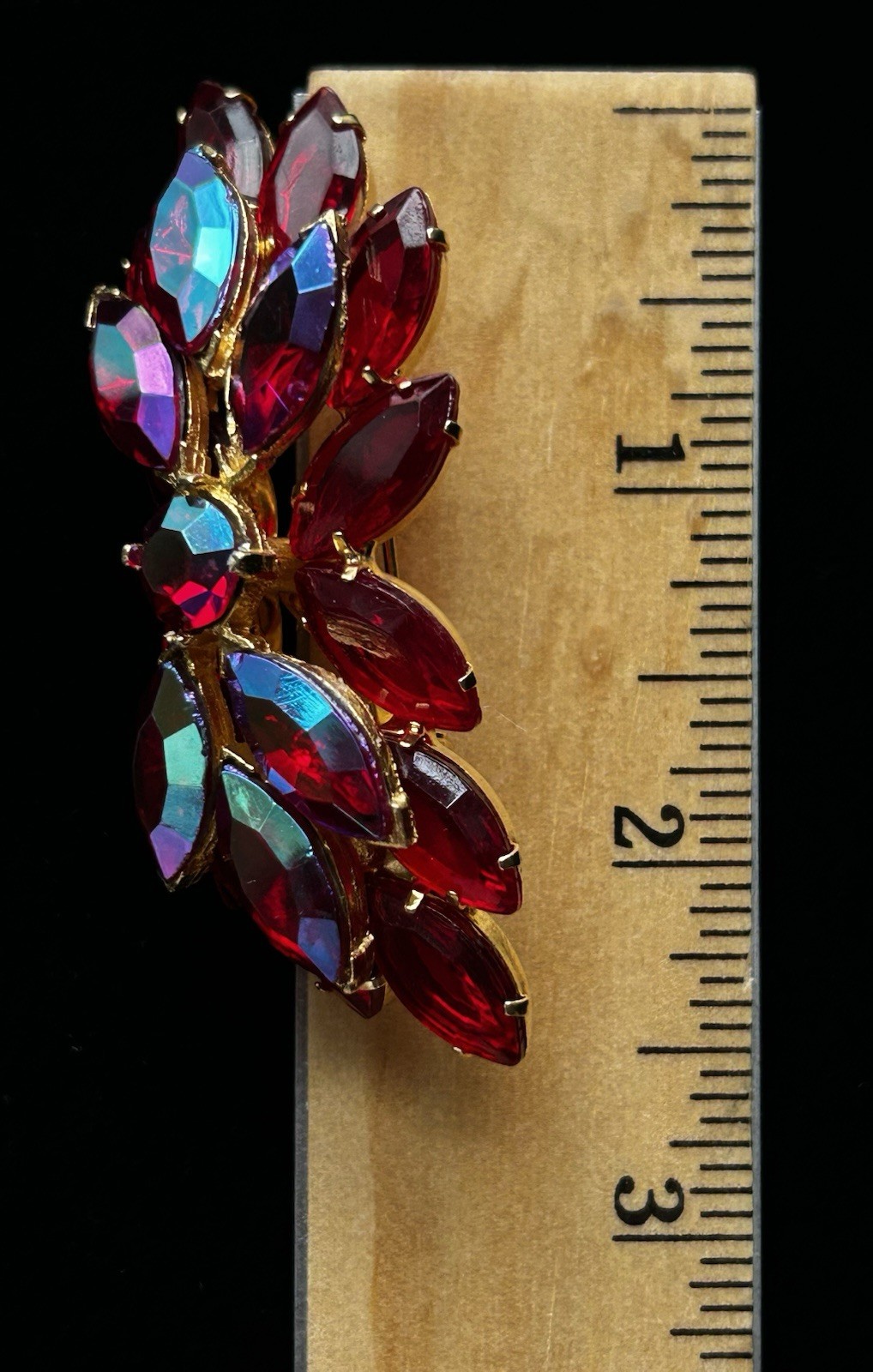 Vintage Red AB Marquise Rhinestone Gold Tone Cluster Brooch Pin 21g