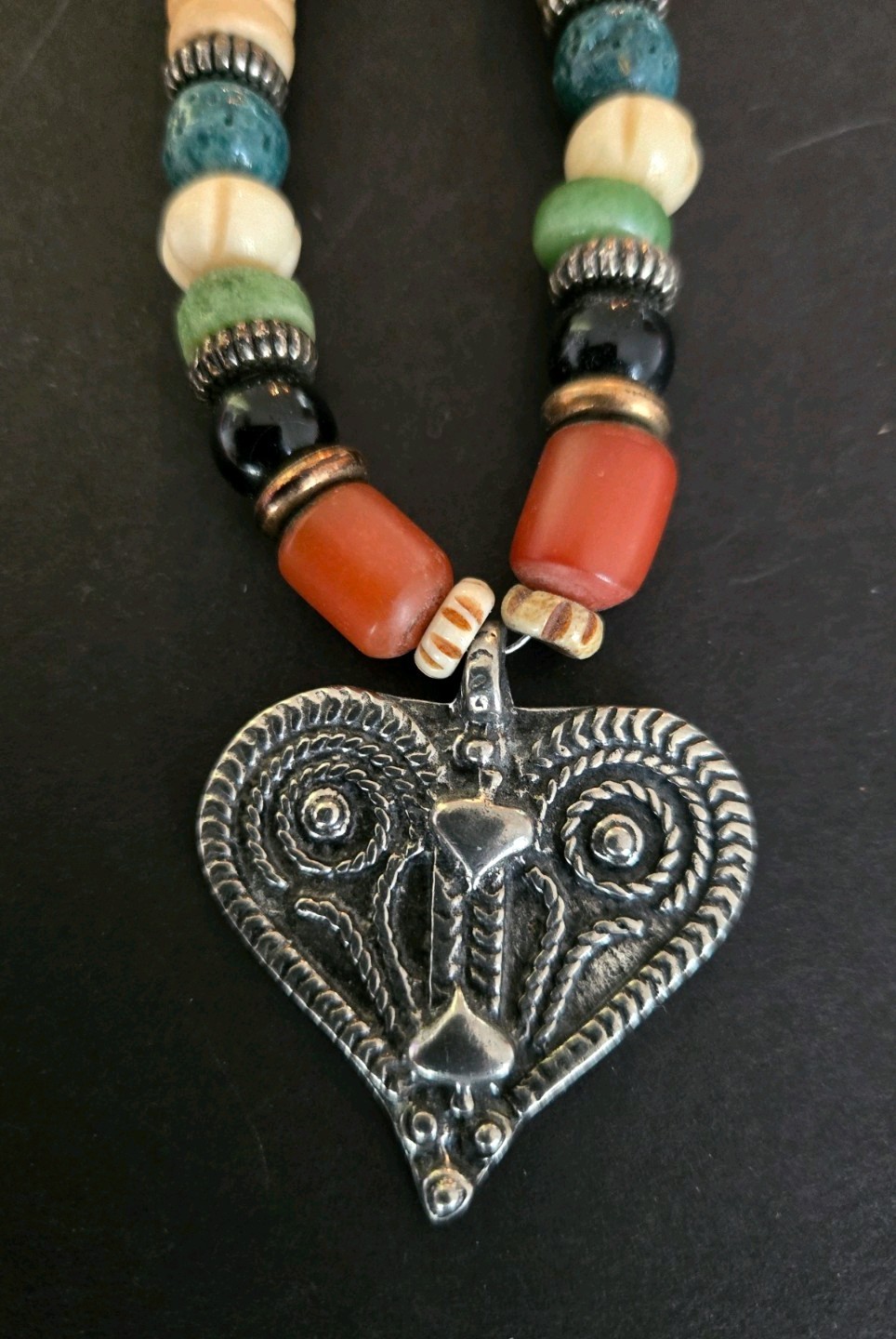 Unique Vintage Boho Multicolor Bead Necklace W/Heart Pendant