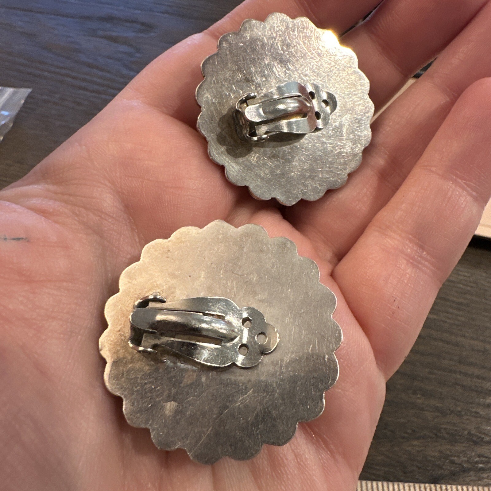 Vintage Taxco MEX Sterling Silver 925 & Brass Concho Clip On Earrings STATEMENT
