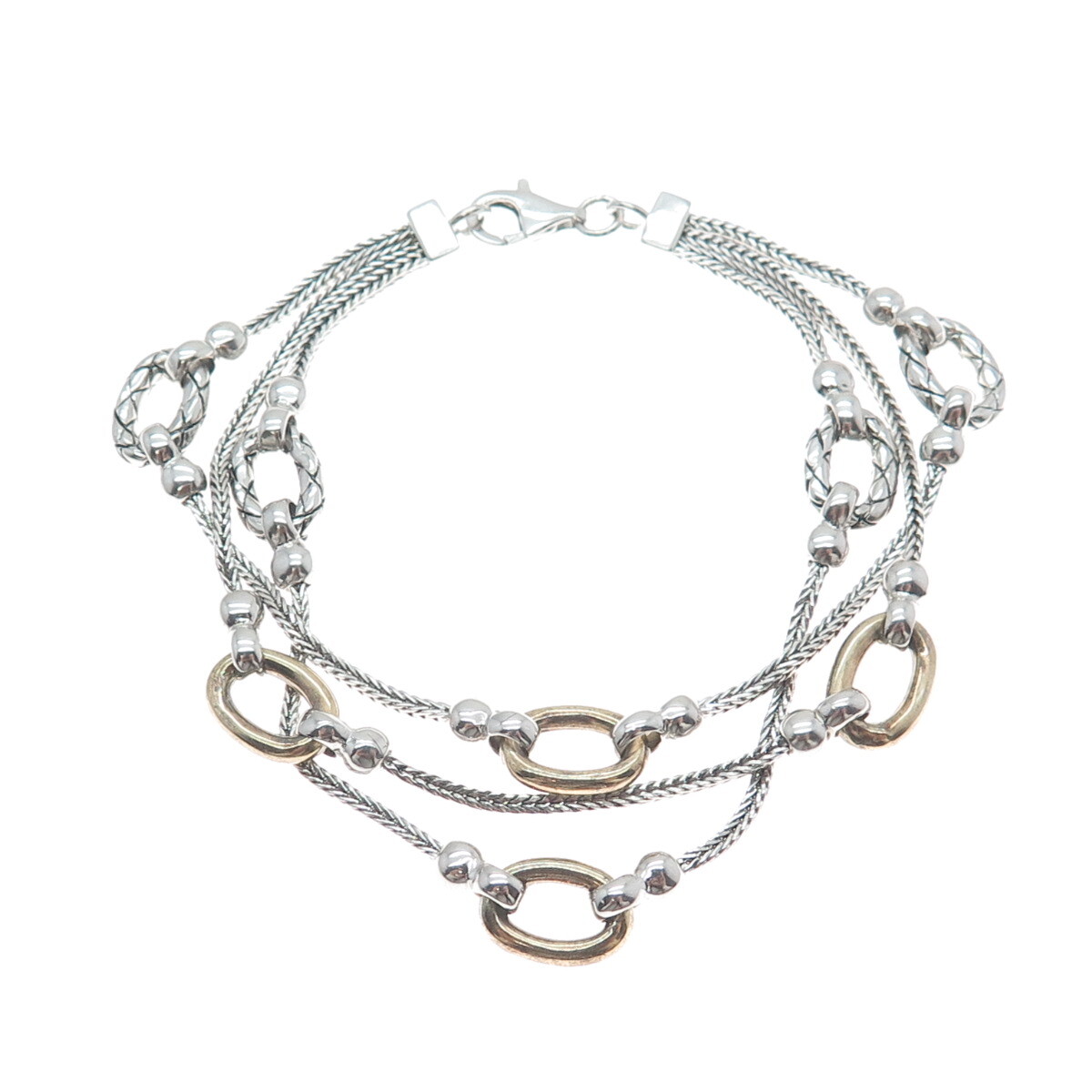 925 Sterling Silver 2-Tone Vintage Oval Station Wheat Link 3-Strand Bracelet 7″