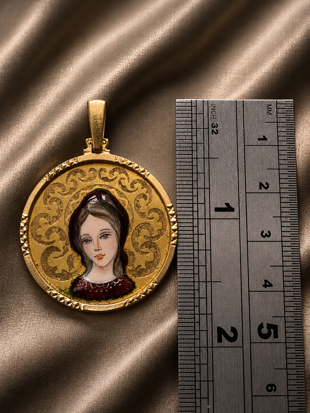 Antique 18K Gold Enamel Virgin Mary Medal Art Deco 1930 Religious Pendant Rare