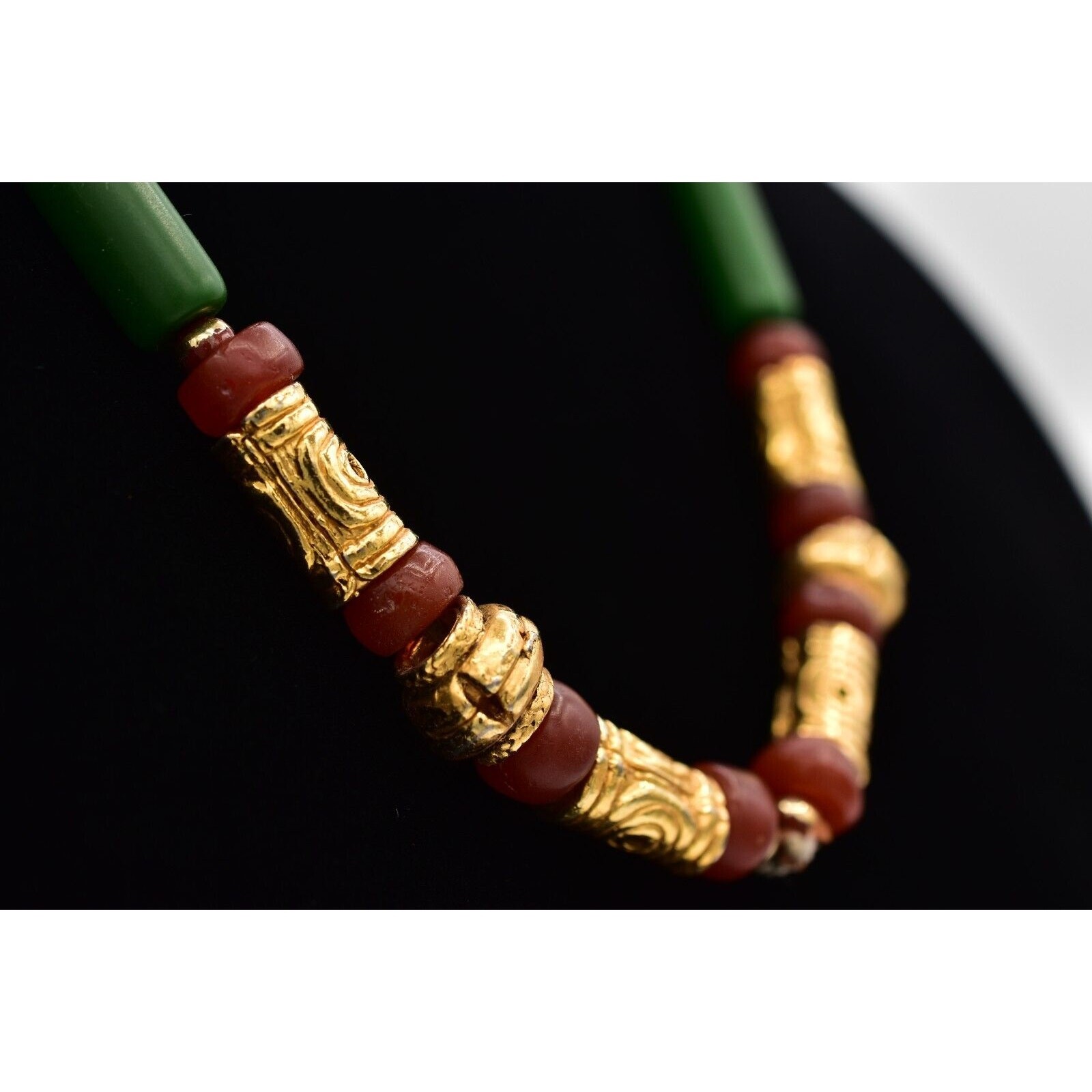 Vintage Beaded Necklace Brushed Gold Green Red Clay Tribal Chunky 1970s BinBN