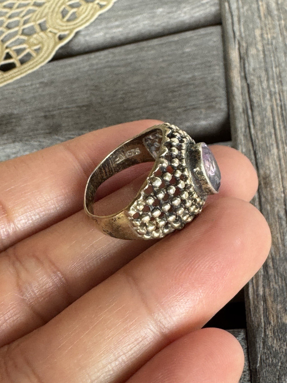 VINTAGE DECO AMETHYST STERLING Gold Over STERLING SILVER RING Sz 7.5 Signed NF