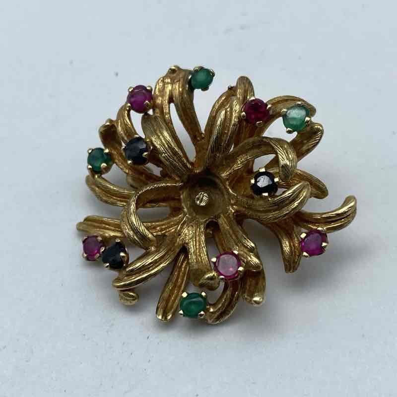 Vintage 13K Yellow Gold Ruby Sapphire Emerald Floral Brooch Pin Tested 1″ 7.6g