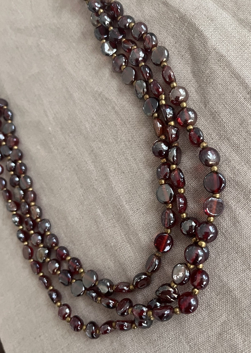 Vintage Red Garnet Iridescent Glass Gold Beaded Triple Layered 30” Bib Necklace