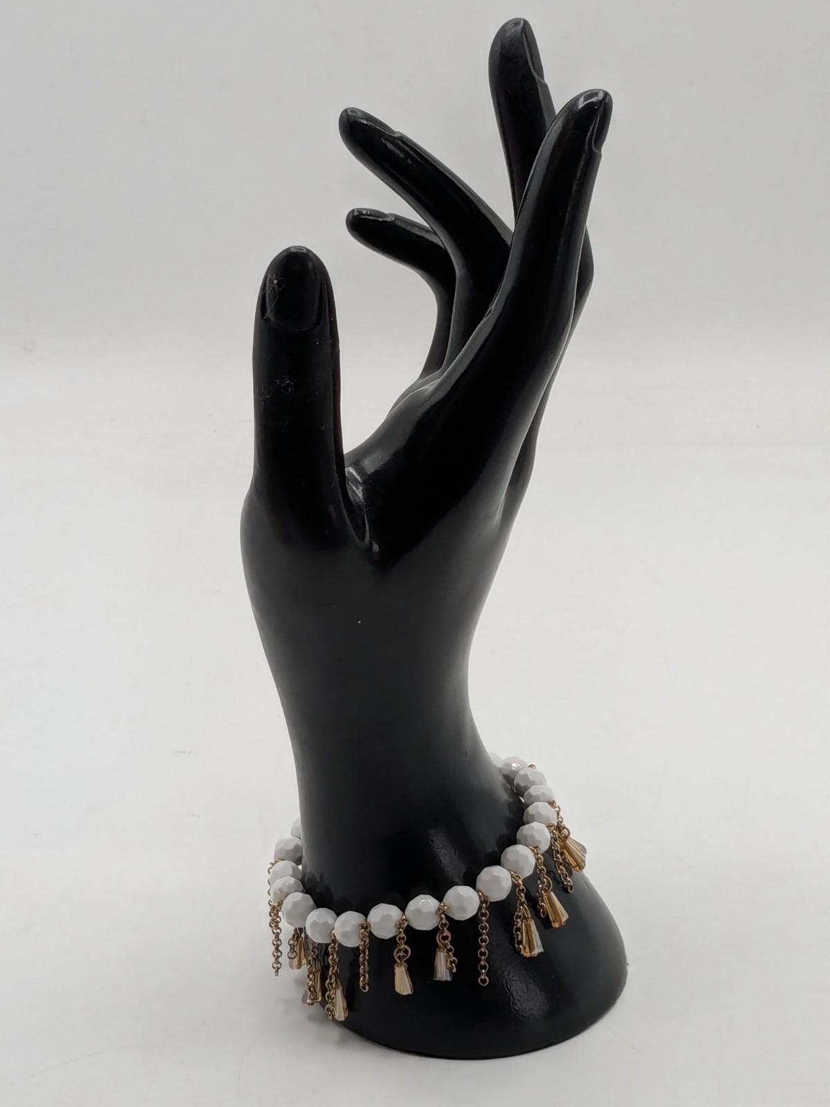 Vintage Gold Tone White Beaded Bracelet with Champagne Color Dangles