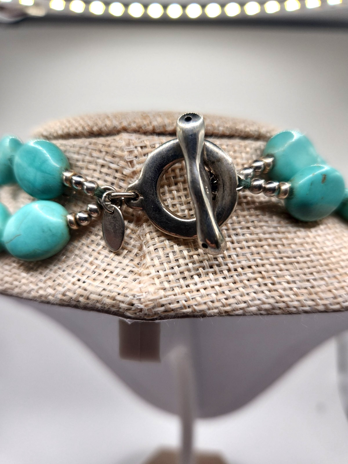 Double Strand Turquoise Necklace Sterling 925 Silver Clasp Oval Beads Light Blue