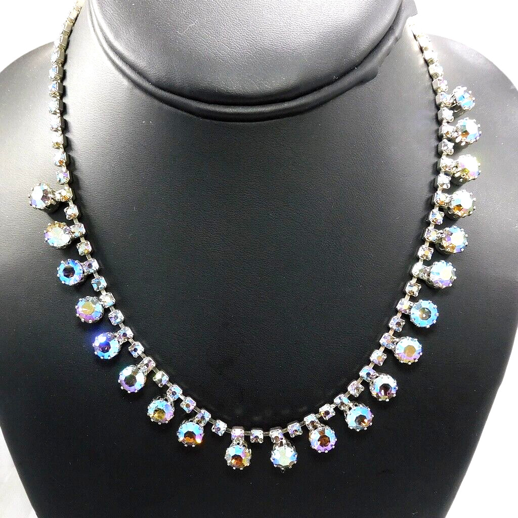 Vintage Vibrant Peacock Blue Violet Prong Set AB Rhinestone Necklace Adjustable