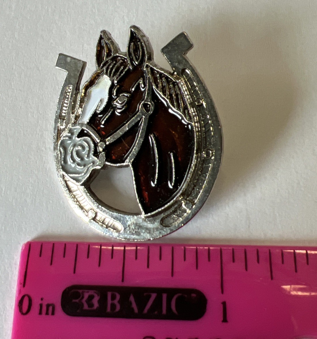 Brown Horse Head Horseshoe Pin Enamel Silver Tone Equestrian Vintage S