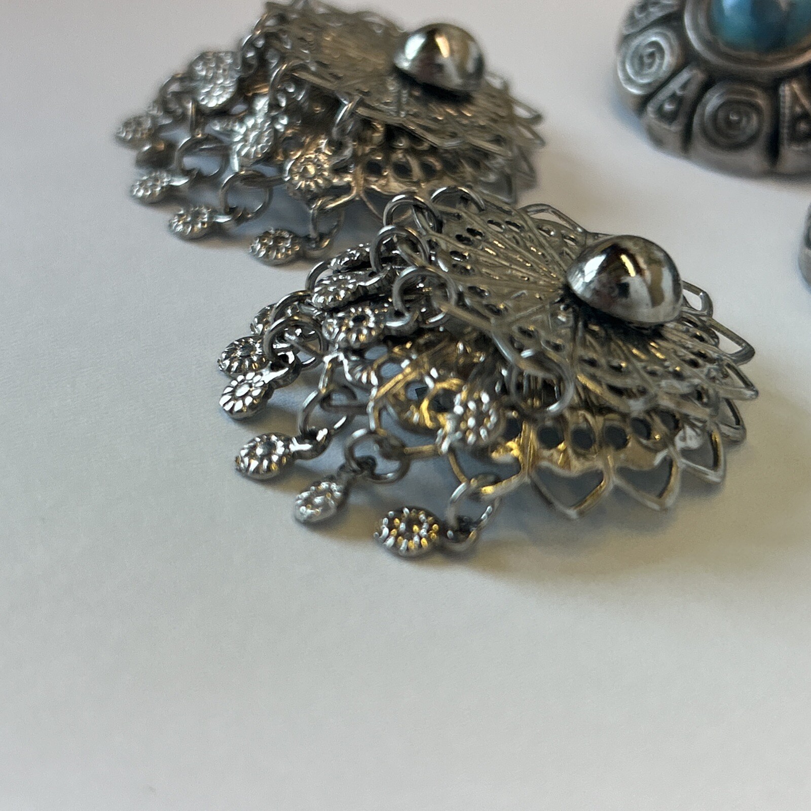 Faux Turquoise Bracelet 2 Earrings Silver Tone Southwestern Boho Tribal Filigree