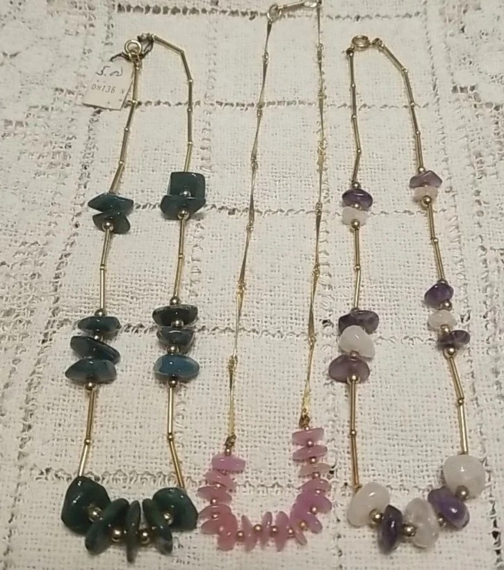 Hobe Necklaces,3 Original Tag, Gemstones, Amethyst 15″, Quartz, 17″ Pink, Green