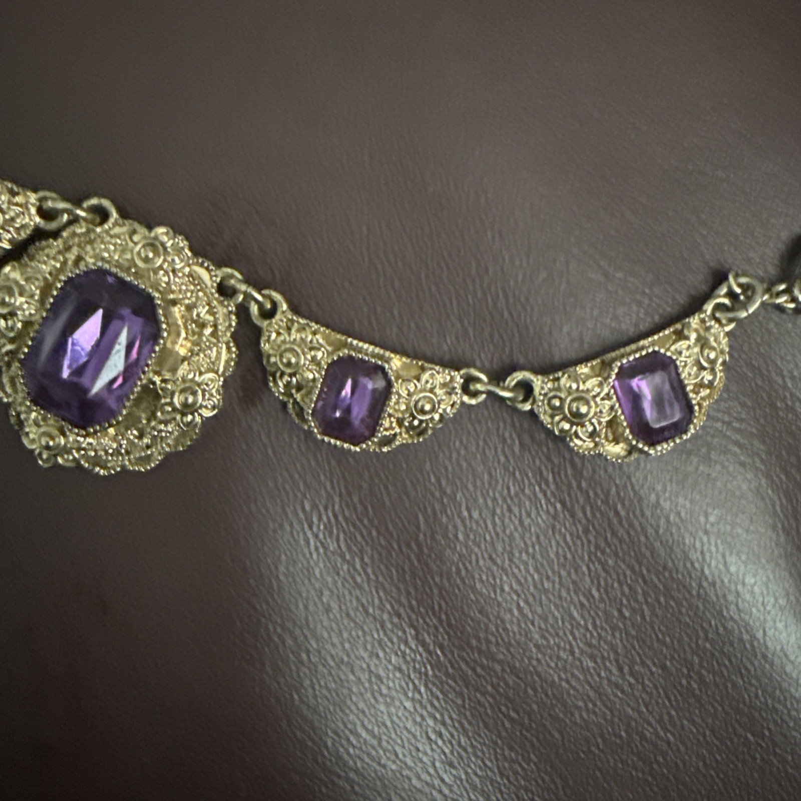 Vintage NEW In Bag AVON Purple Glass Station Necklace Signed NWT