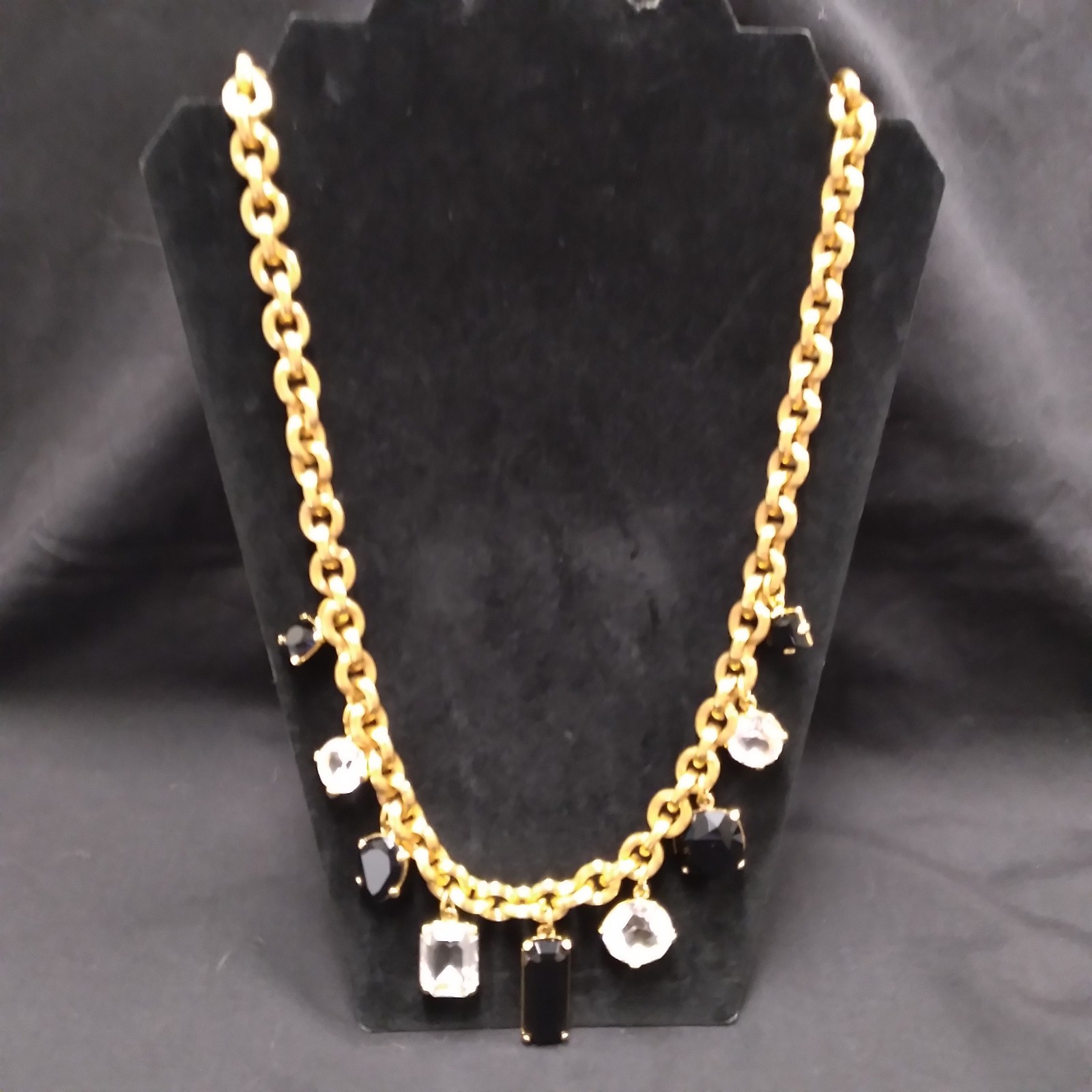 Monet Gold Tone Chunky Necklace with Clear and Black Crystal Charms