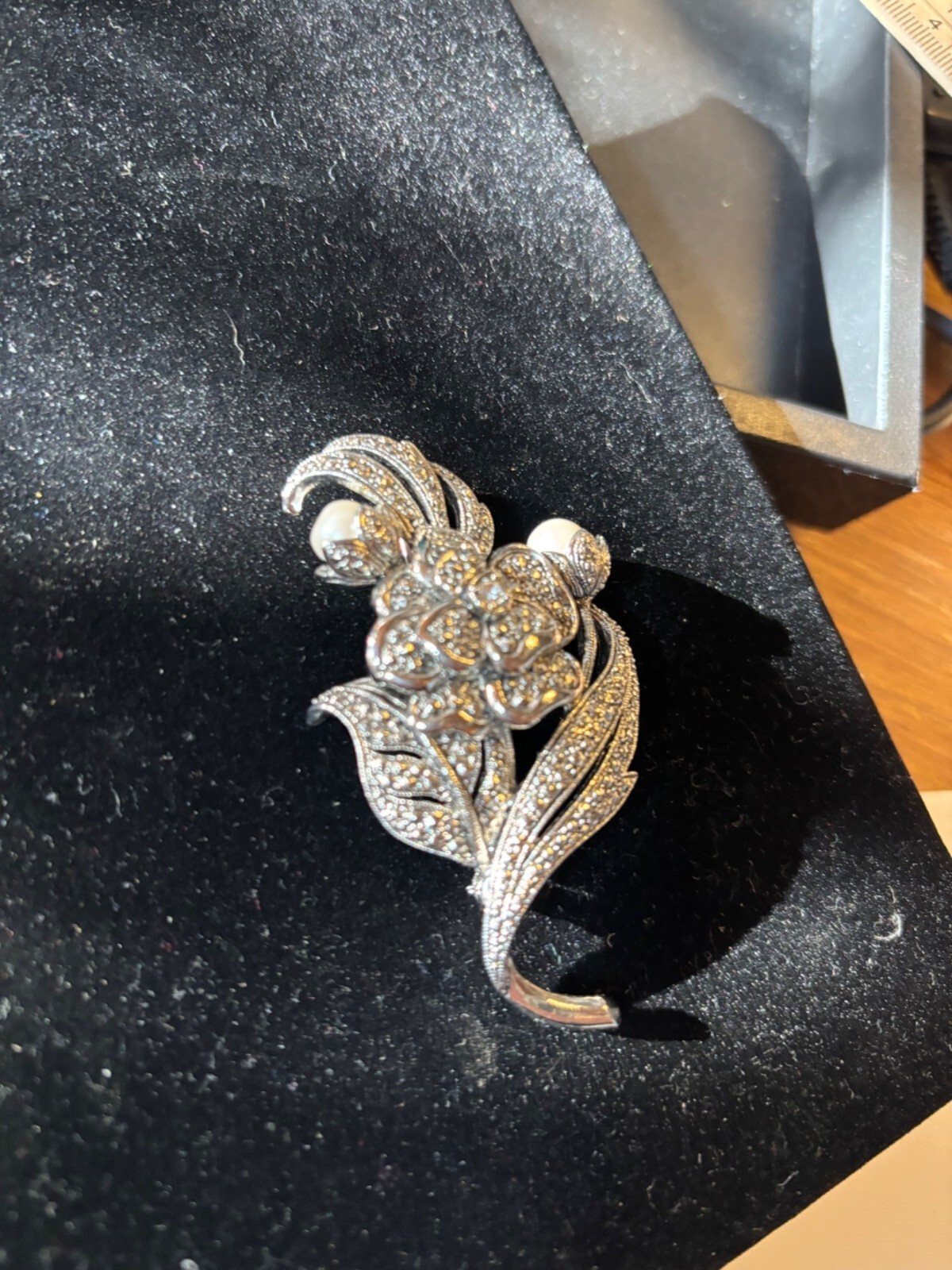 KJL by Avon signed Vintage Silver Tone Floral Brooch With Rhinestones & Faux Pea