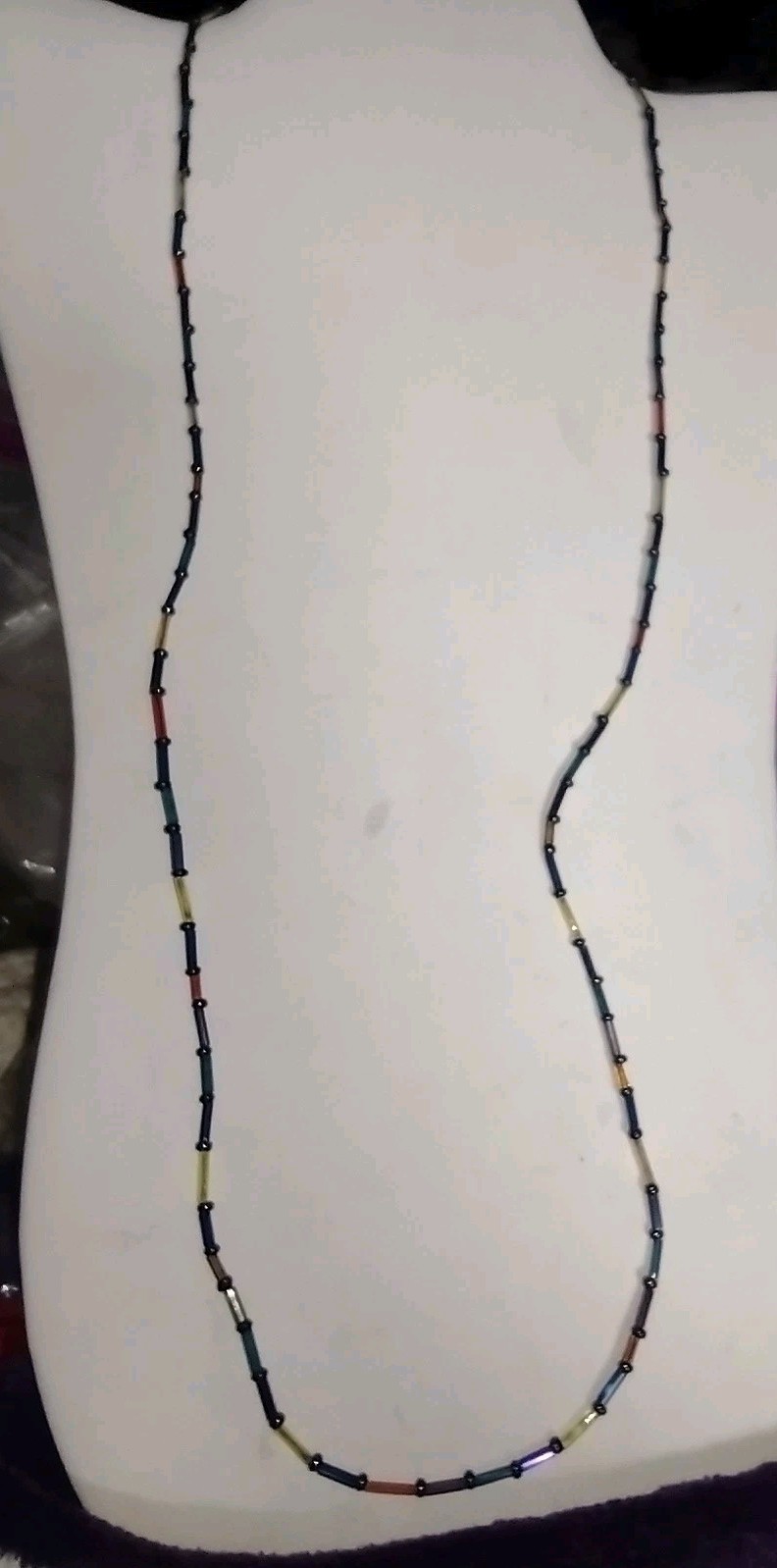 Vintage Tube Glass Bead Necklace Colorful 31″ 2.1mm Wide Beads Very Light Weight