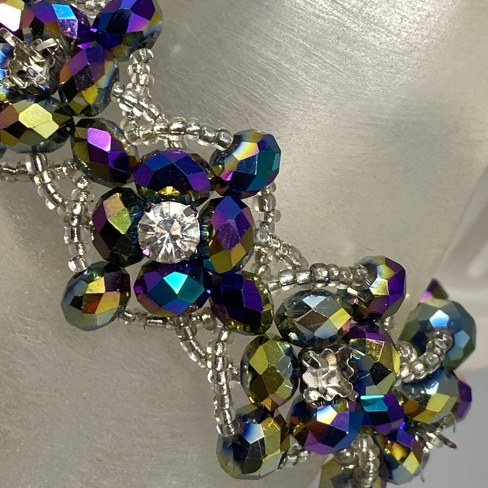 Glass Bead Bracelet Purple Metallic Oil Slick Peacock Coated Chunky Repair 6.5″