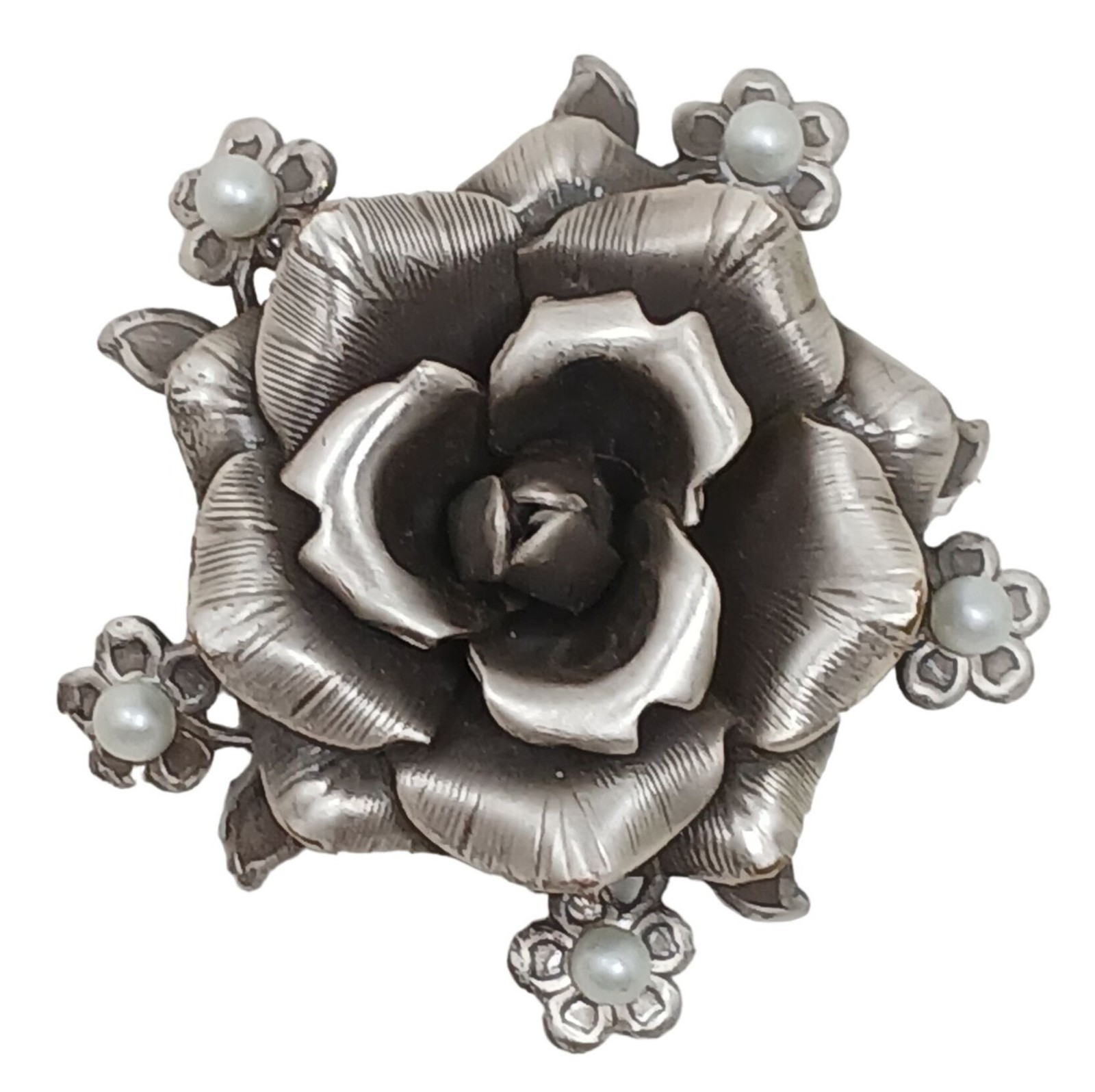 Vintage Pewter Tone Wild Rose Brooch Pin With Faux Pearls 1.5″ #G-10