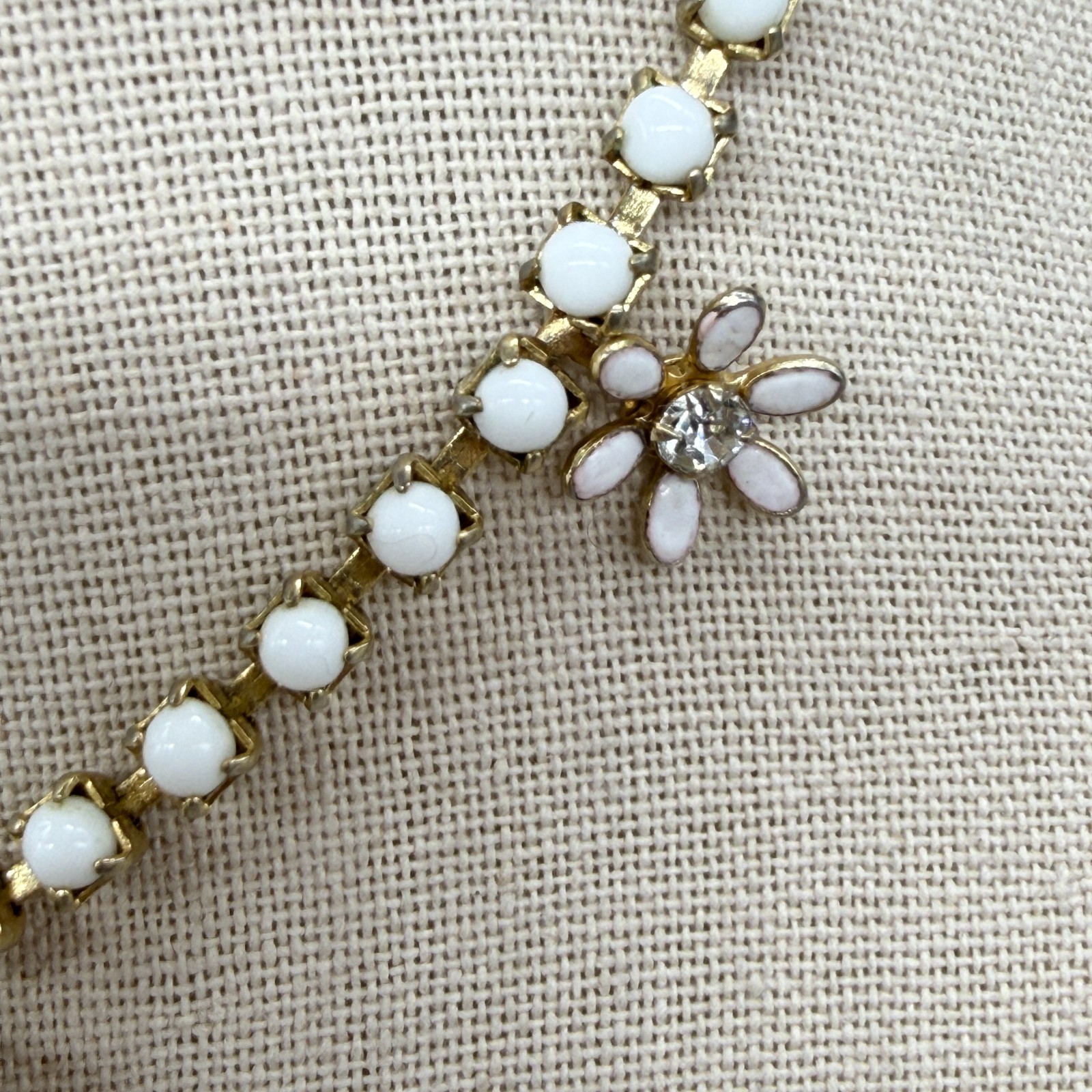 Vintage Collar Necklace Milk Glass Beaded Flower Pendants 16 Inches