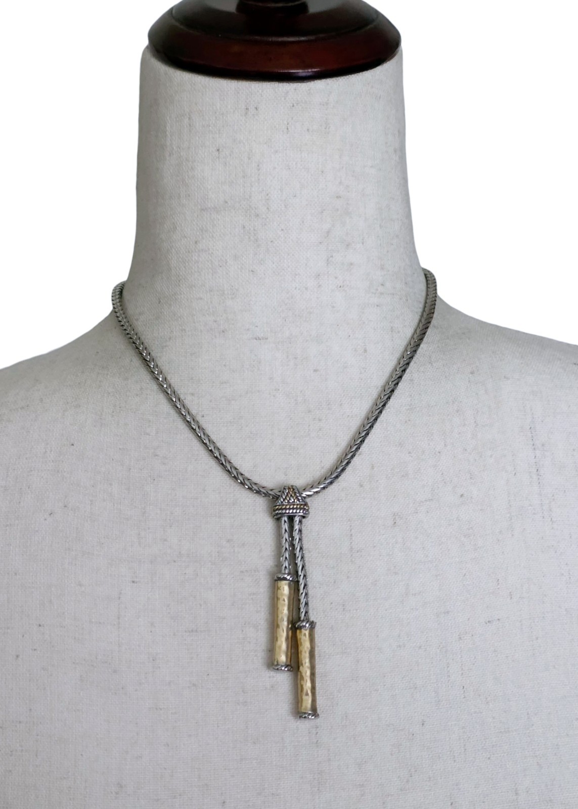 Vintage Two Tone Lariat Tassel Necklace Silver Gold Woven Snake Chain Y Collar