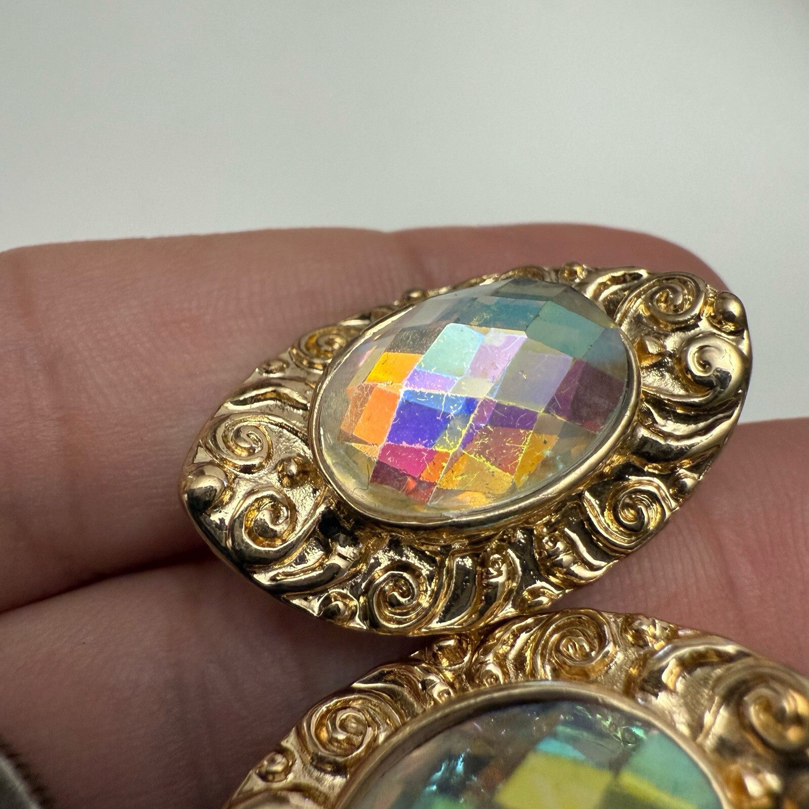 Vintage AB Glass Faceted Crystal Ornate Oval Curved Goldtone Clip On Earrings