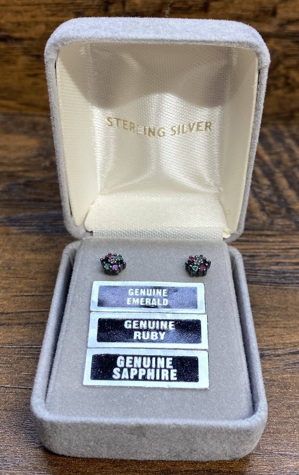 Sterling Silver 925 Genuine Ruby Emerald Sapphire Stud Earrings Cluster Estate
