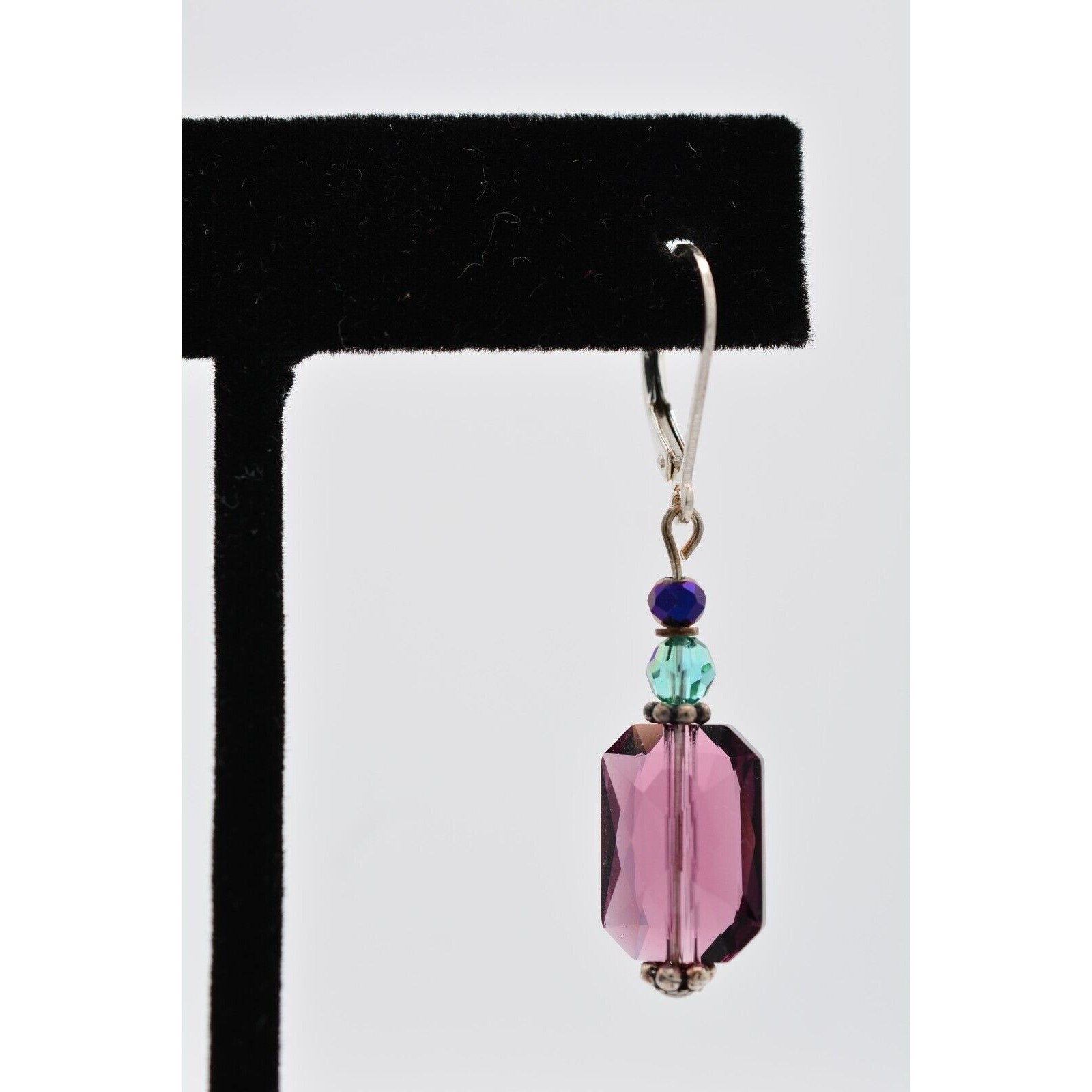 Vintage Crystal Dangle Earrings 925 Sterling Silver Purple Blue Beaded 1980s 9I