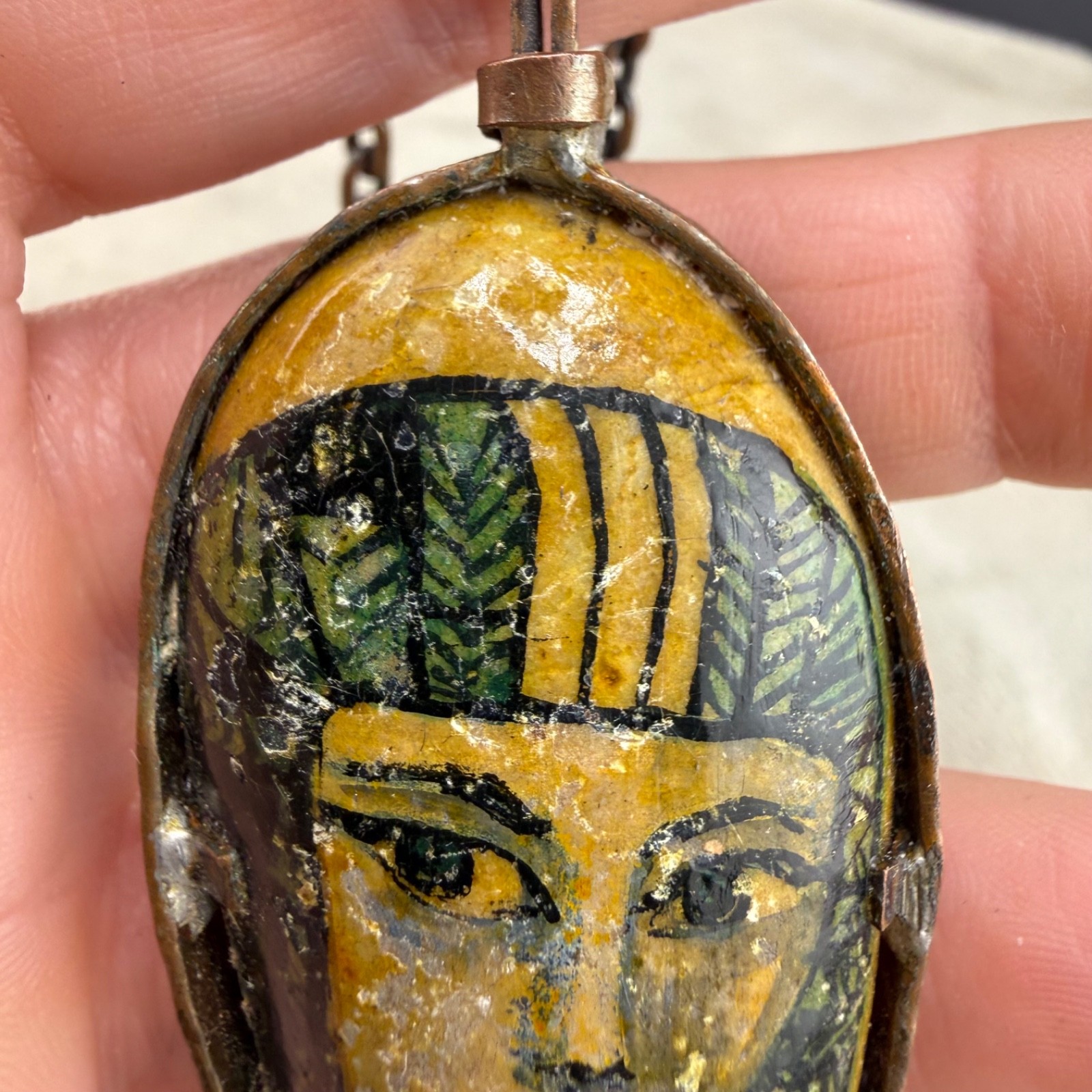 Vintage Necklace Hand Painted Portrait Double Sided Egyptian Revival Copper 28”