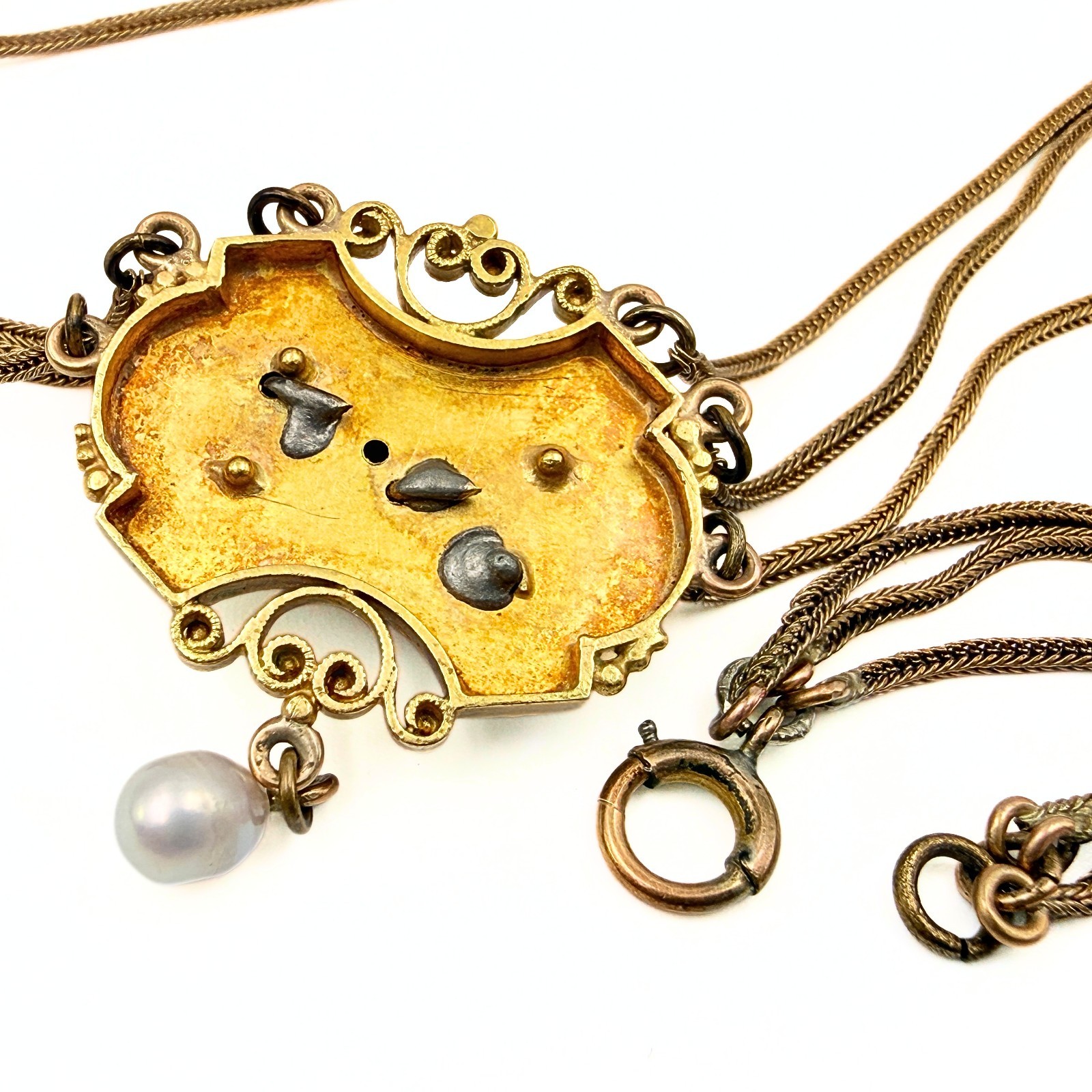 Antique Victorian 10K-14K Gold Filigreed Rice Pearl Medallion Necklace
