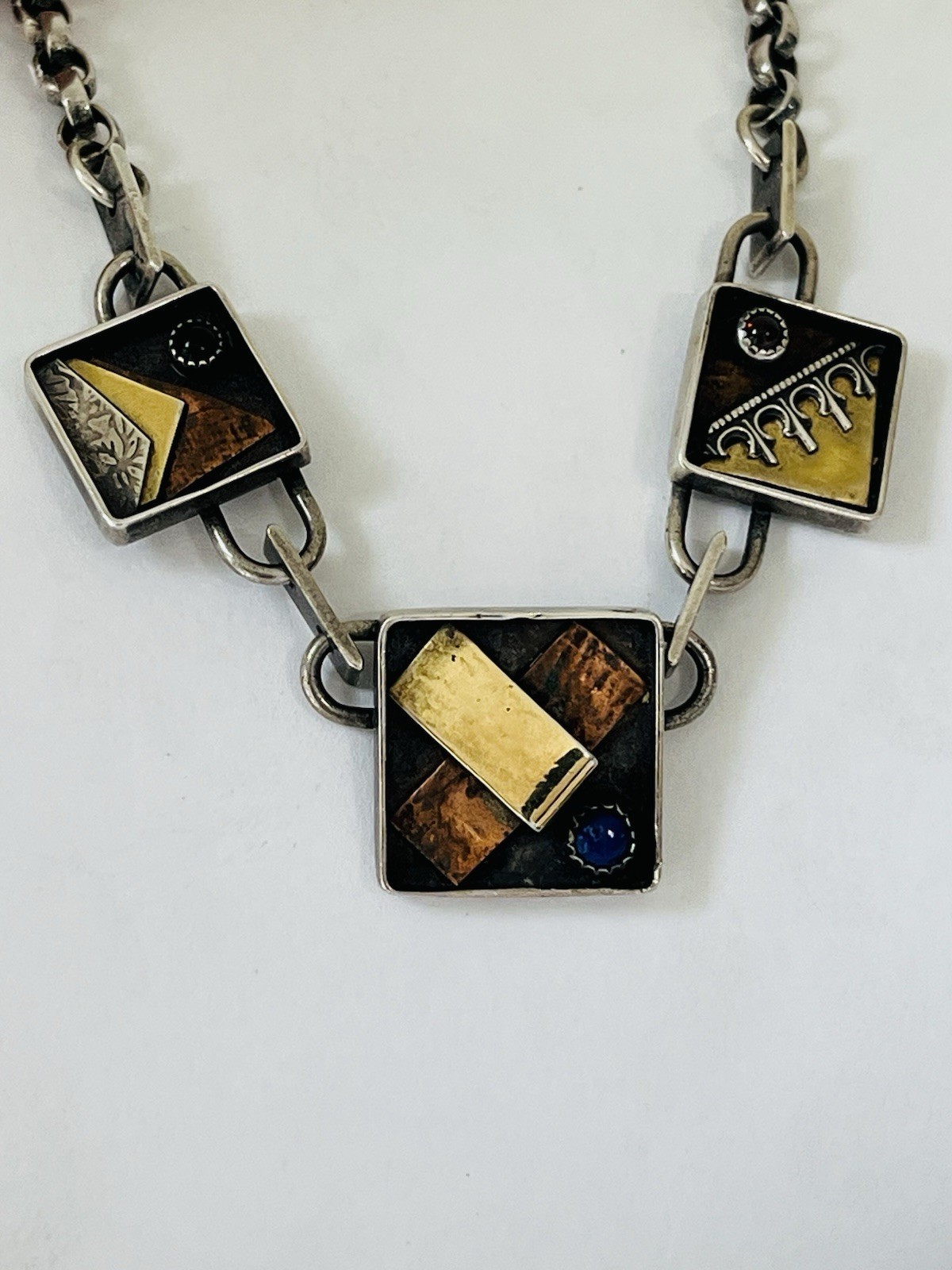 Vintage Signed Modernist Mixed Metal Sterling Silver Stone Link Necklace 32Grams