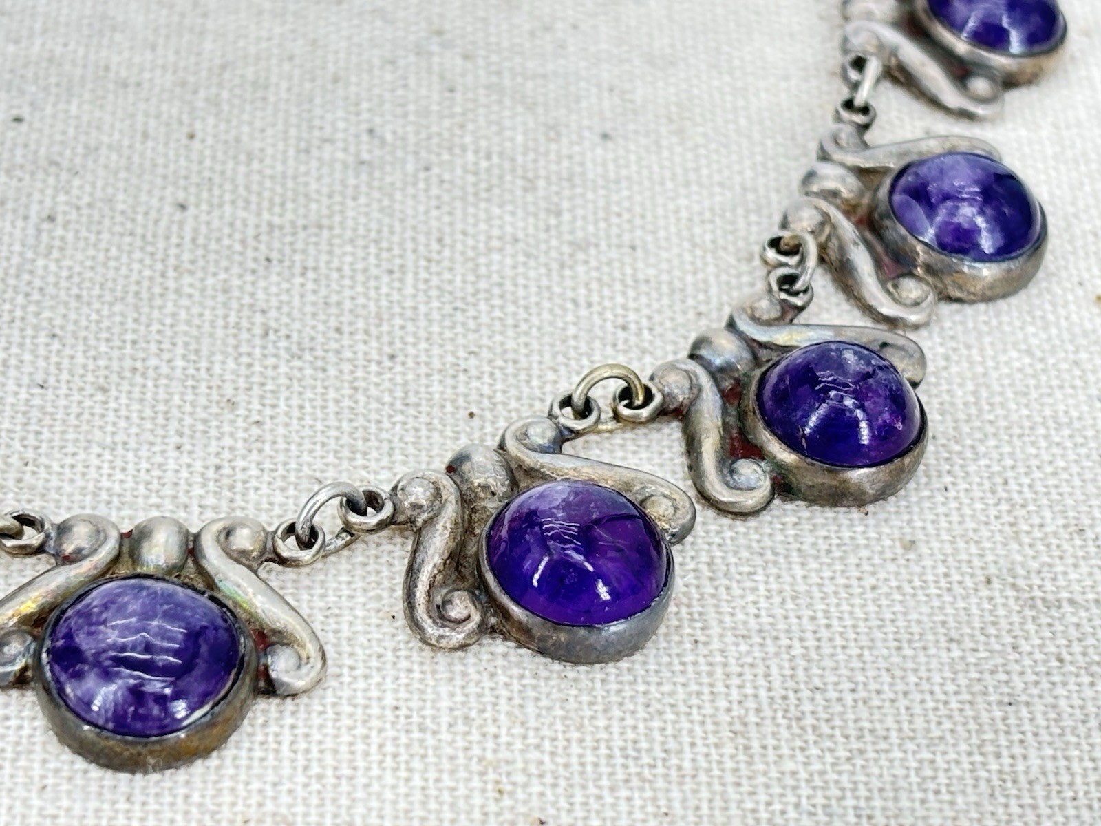 Vintage LOS CASTILLO 925 Sterling Silver Amethyst Floral Panel Link Necklace 15″