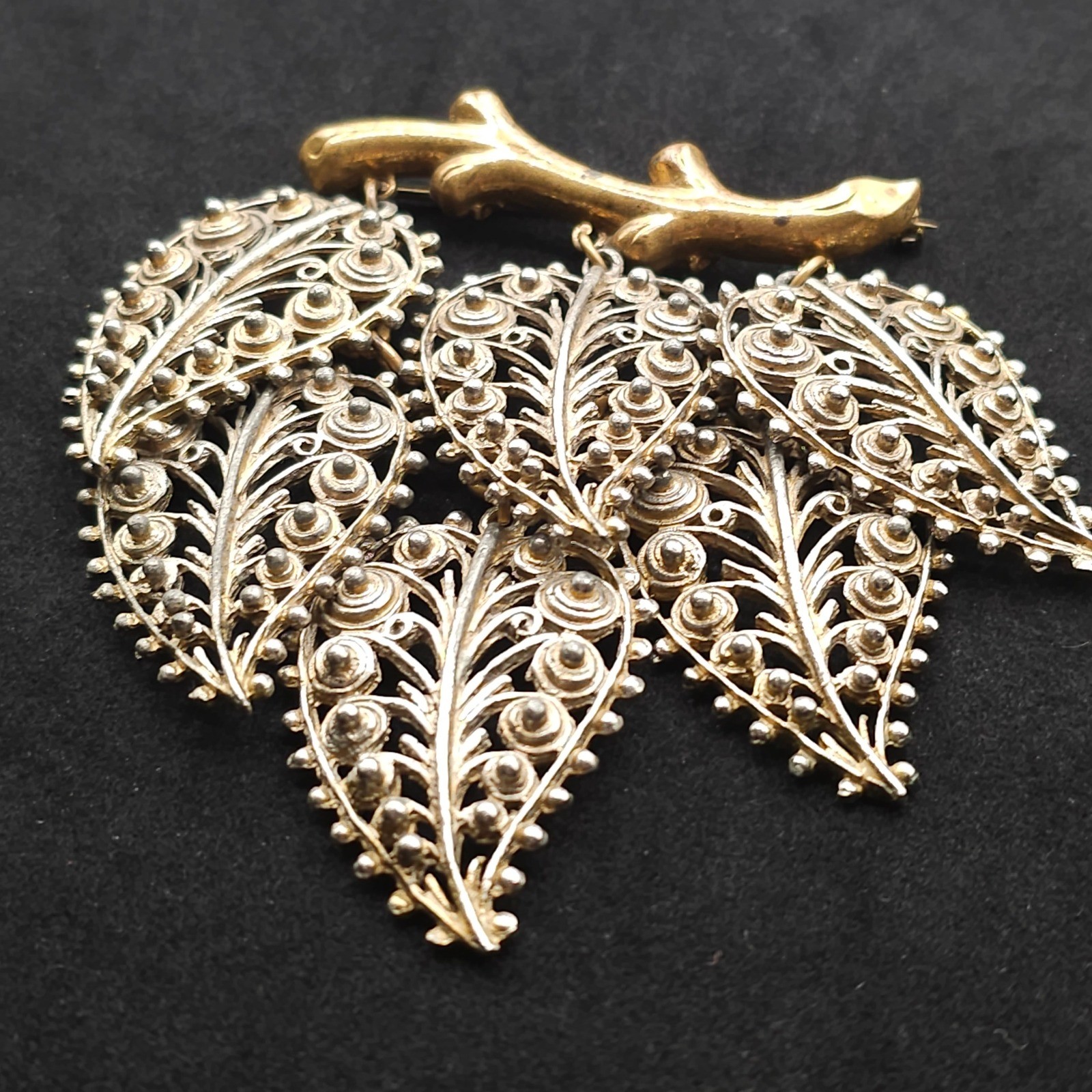 Vintage Filigree Dangle Leaf Brooch Statement Nature Gold & Silver Tone Ornate